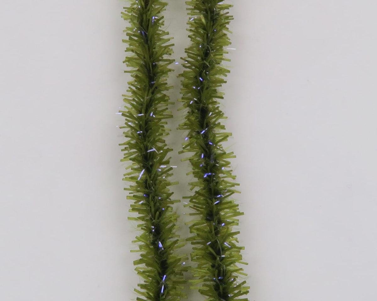 Olive green UV Badger squishenille chenille strands with short cut fibers and blue reflective tinsel for fly tying