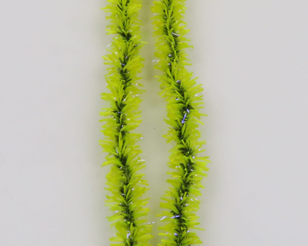 Hareline UV Badger Flexi Squishenille bright chartreuse chenille strands with dark core and silver tinsel for fly tying