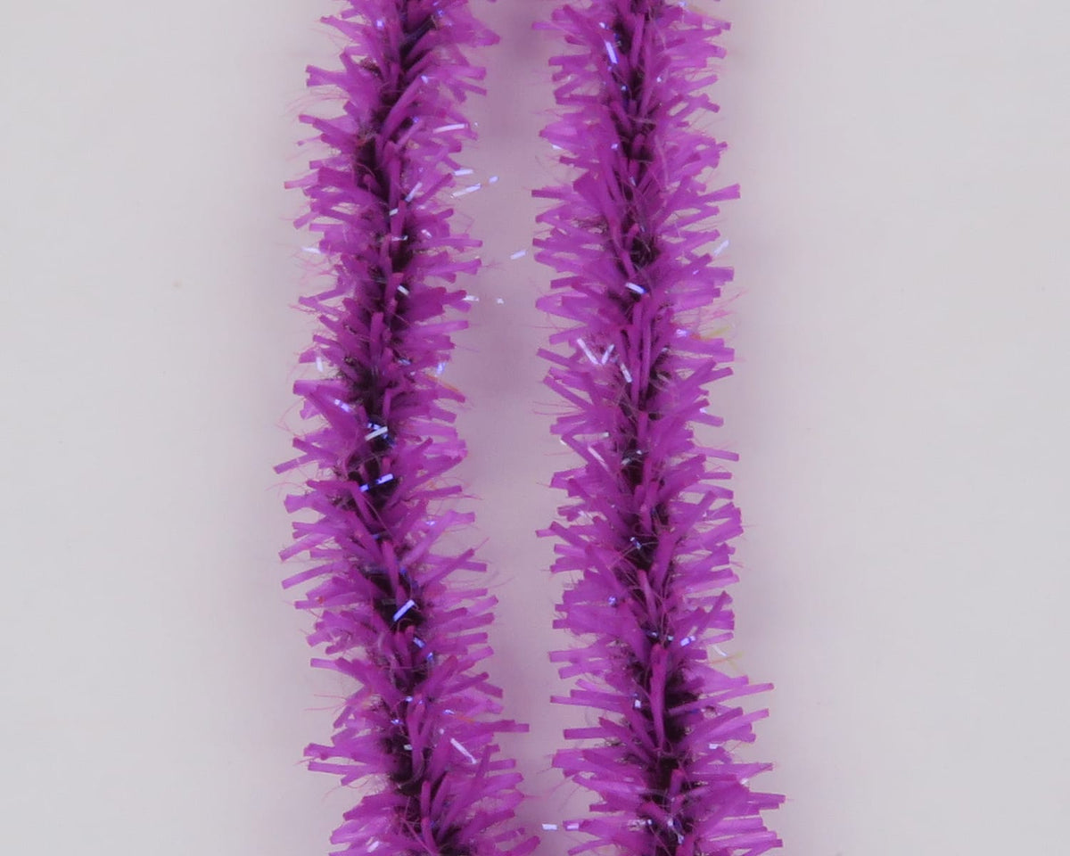 Two bright purple Hareline UV Badger Flexi Squishenille strands, fuzzy synthetic chenille with iridescent tinsel for fly
