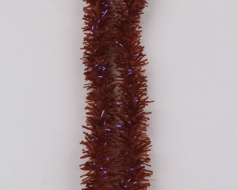Rust brown Hareline UV Flexi Squishenille chenille with purple iridescent tinsel strands, soft squishy texture for fly tying