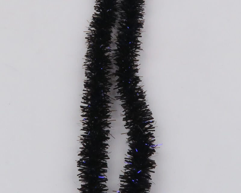 Hareline UV Flexi Squishenille black chenille strands with blue iridescent tinsel for fly tying