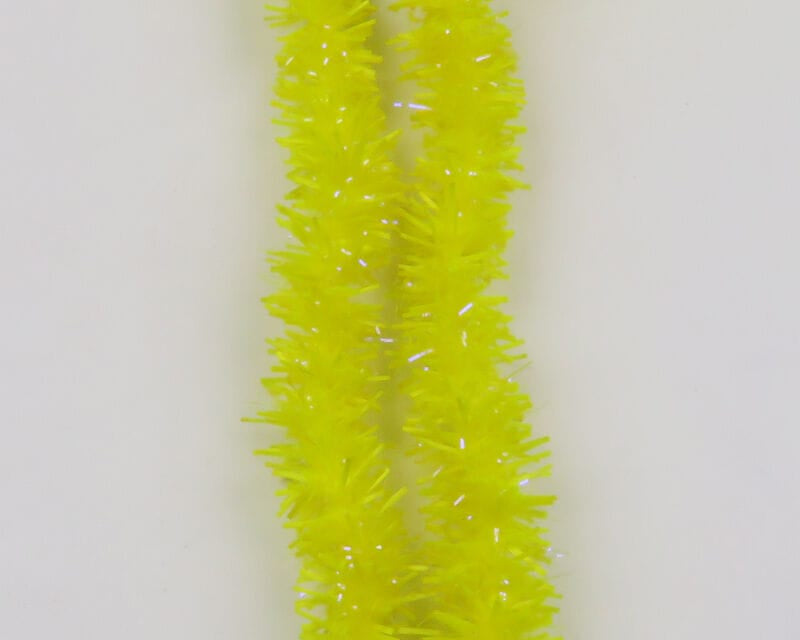 Chartreuse UV Flexi Squishenille chenille strands with sparkly tinsel fibers, fuzzy fly tying material