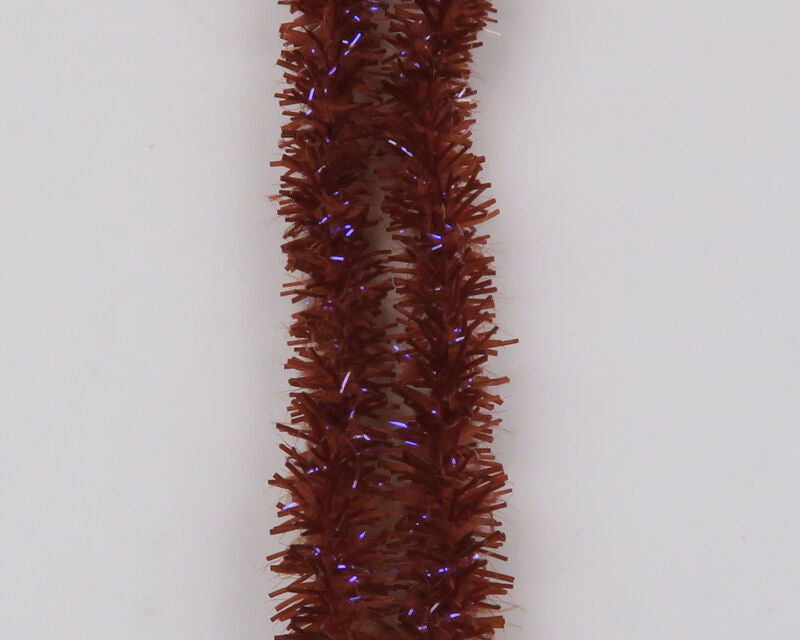 Rust brown Hareline UV Flexi Squishenille chenille with purple iridescent tinsel strands, flexible fly tying material
