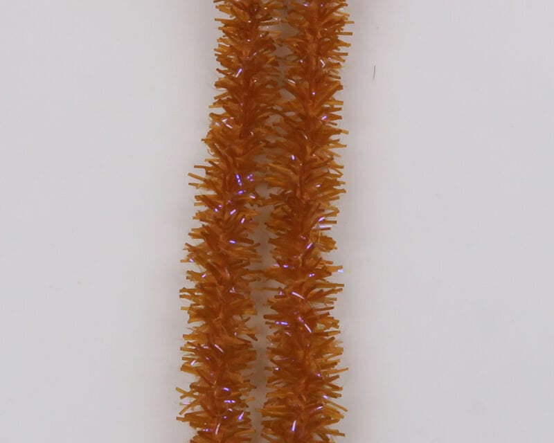 Two orange UV Flexi Squishenille chenille strands with iridescent purple flash, fuzzy fly tying material