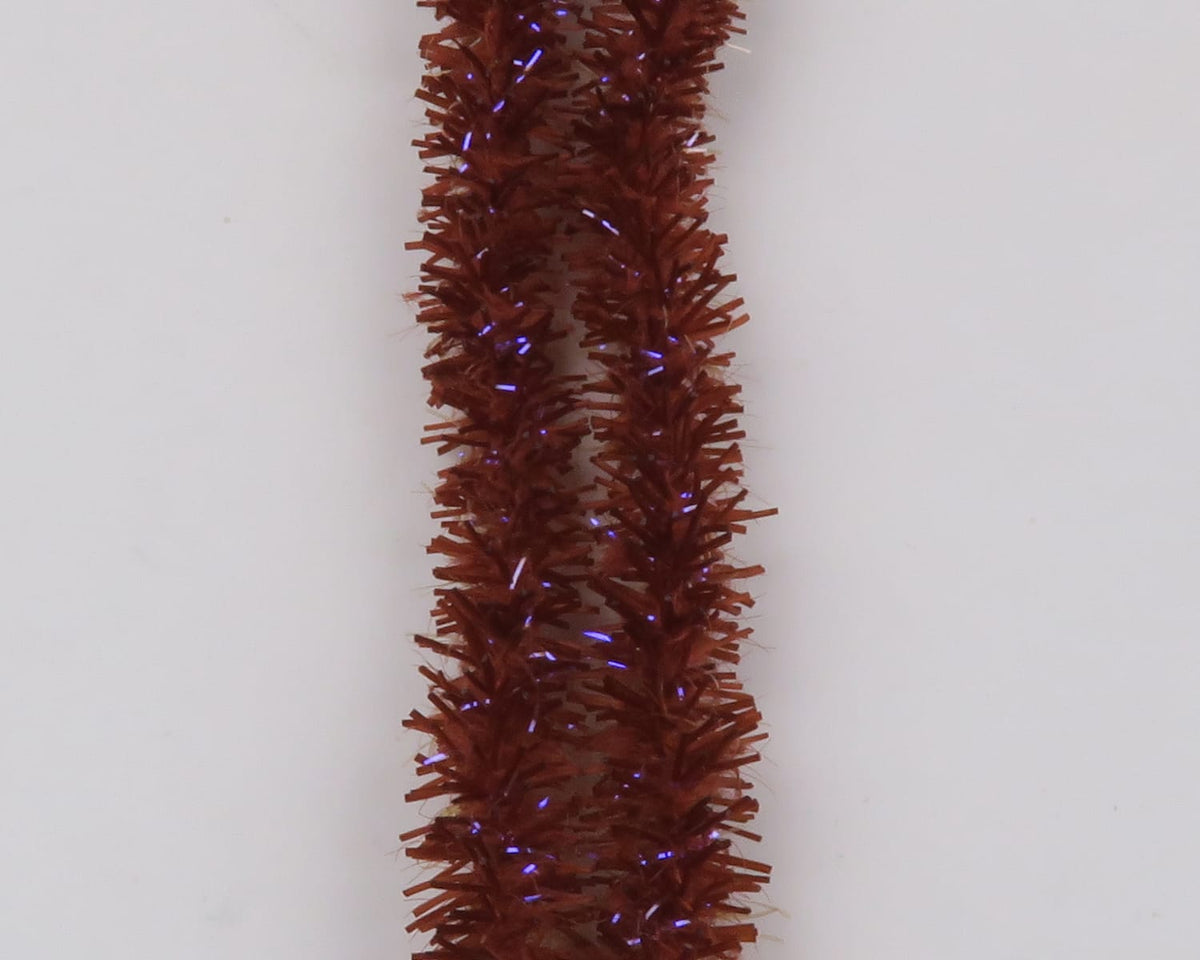 Rust brown UV Flexi Squishenille fly-tying chenille with purple iridescent tinsel strands, fuzzy textured body