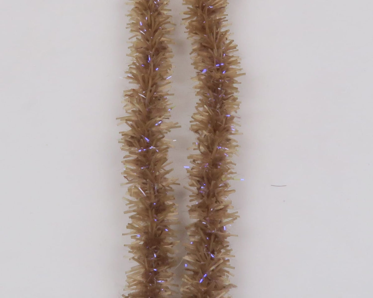Tan UV Flexi Squishenille fuzzy chenille strands with purple iridescent tinsel for fly tying