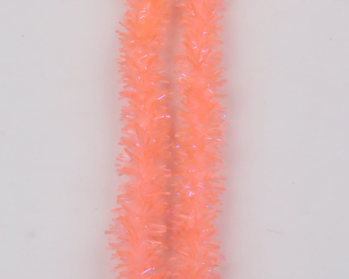 Two neon peach UV Flexi Squishenille chenille strands with iridescent tinsel fibers for fly tying