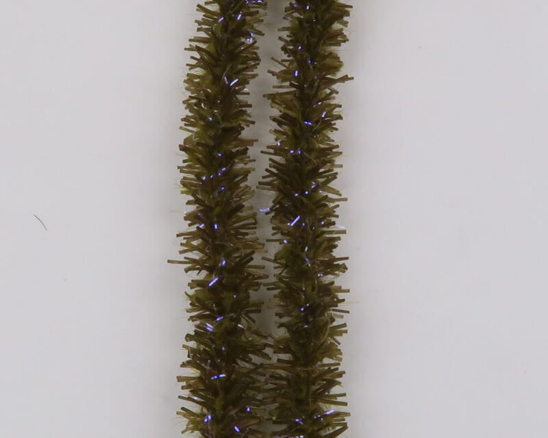 Two olive green UV Flexi Squishenille strands for fly tying, fuzzy chenille with blue-purple iridescent tinsel flecks