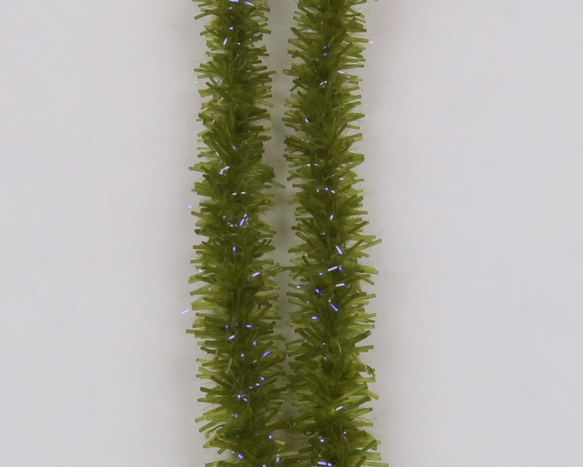 Olive green Hareline UV Flexi Squishenille strands with blue-violet flash fibers, soft synthetic chenille for fly tying.