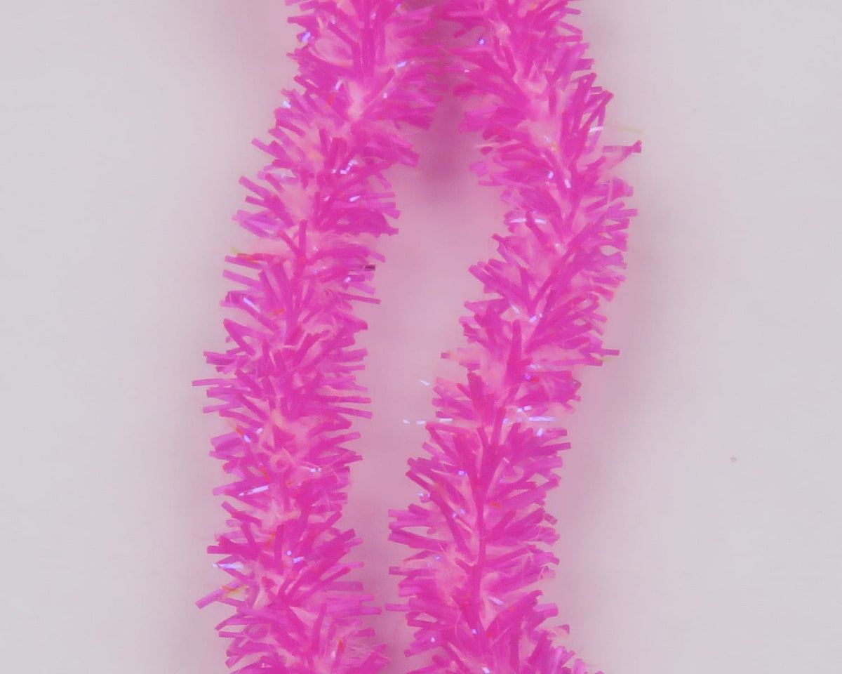 Neon pink UV Flexi Squishenille chenille strands with iridescent tinsel fibers, fluffy textured fly tying material