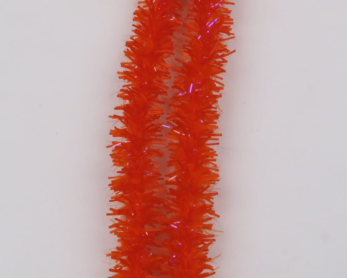 Bright orange UV Flexi Squishenille chenille with iridescent tinsel and dense synthetic fibers for fly tying