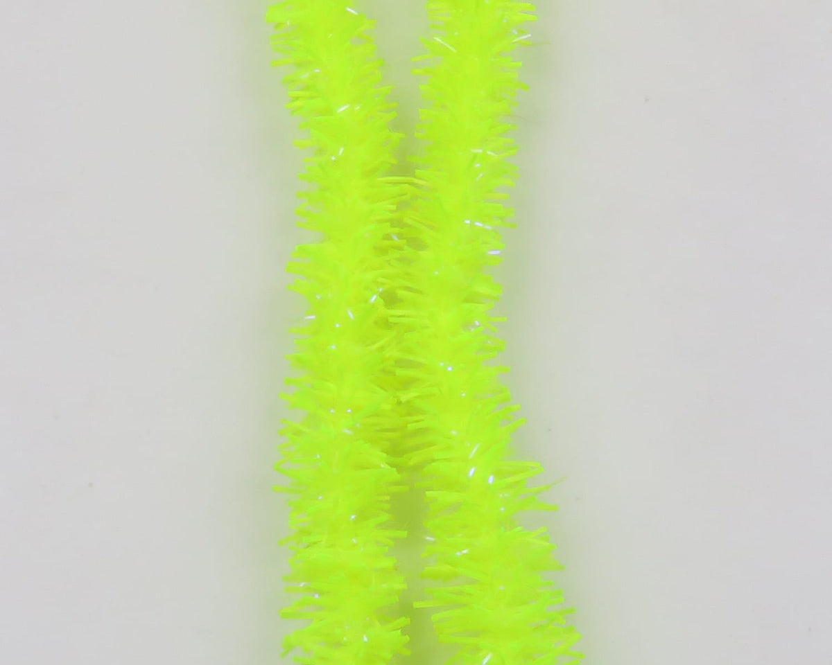 Neon chartreuse Hareline UV Flexi Squishenille strands with soft bristles and iridescent flashes for fly tying