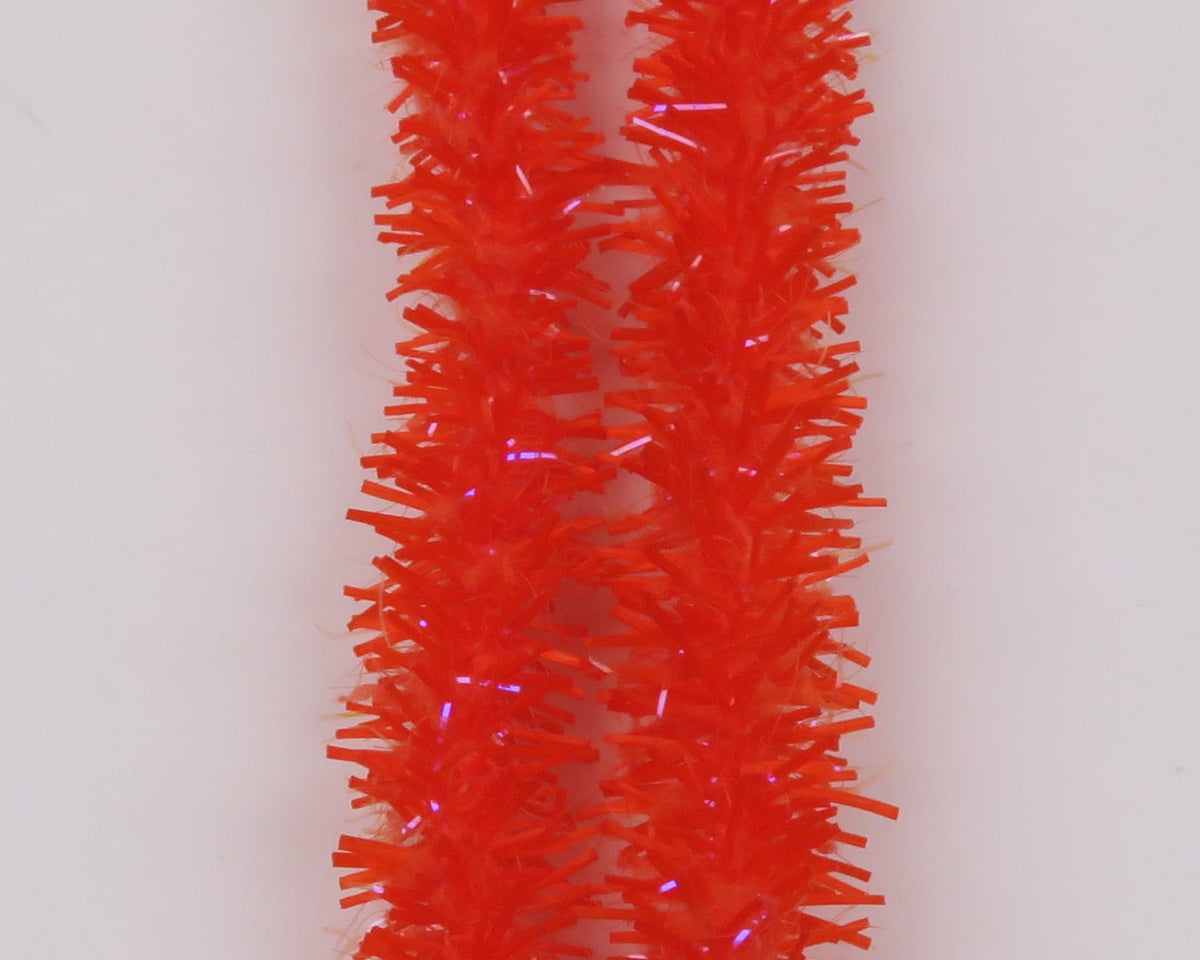 Bright fluorescent red Hareline UV Flexi Squishenille with fuzzy strands and iridescent tinsel for fly tying