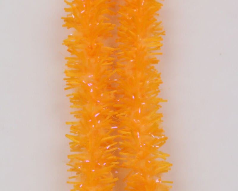 Bright orange Hareline UV Flexi Squishenille chenille with spiky, iridescent strands for fly tying