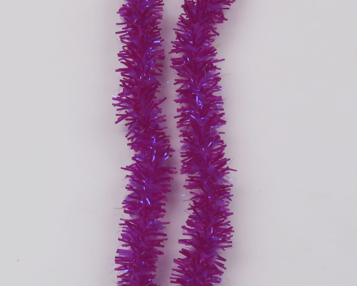 Two strands of Hareline UV Flexi Squishenille bright purple iridescent chenille with tinsel flash, fuzzy fly tying material