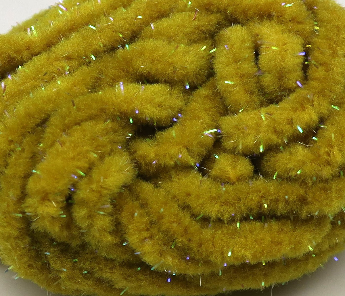 Olive-gold fuzzy mop chenille with green-purple iridescent tinsel strands, plush fly tying dubbing material