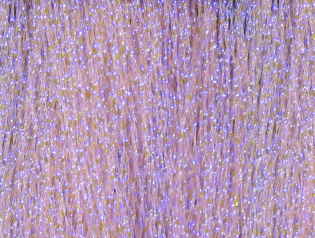 Hareline UV Krystal Flash fly tying strands, lavender-pink synthetic fibers with iridescent UV sparkle.