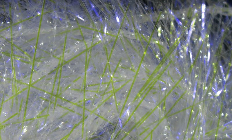 White fluffy Polar Chenille fibers with lime-green reflective strands and blue flash for fly tying