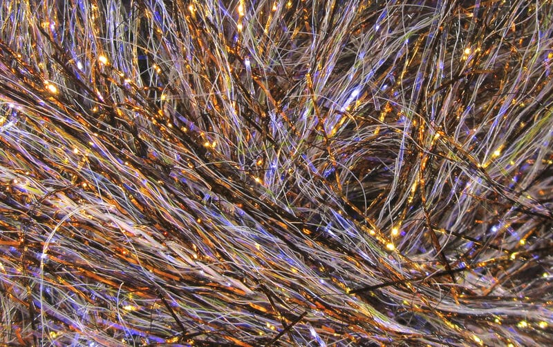 Iridescent copper, silver and purple UV polar chenille strands with gold flashes, sparkling synthetic fly tying material