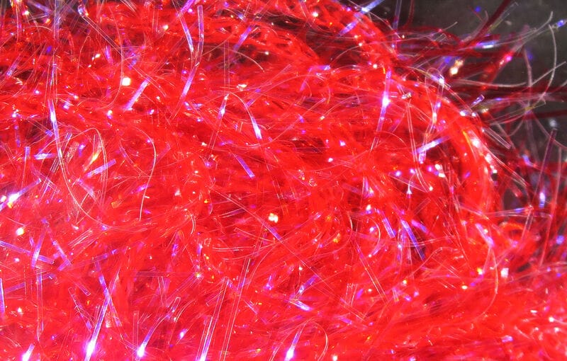 Bright red Hareline UV polar chenille with iridescent, sparkly synthetic fibers for fly tying
