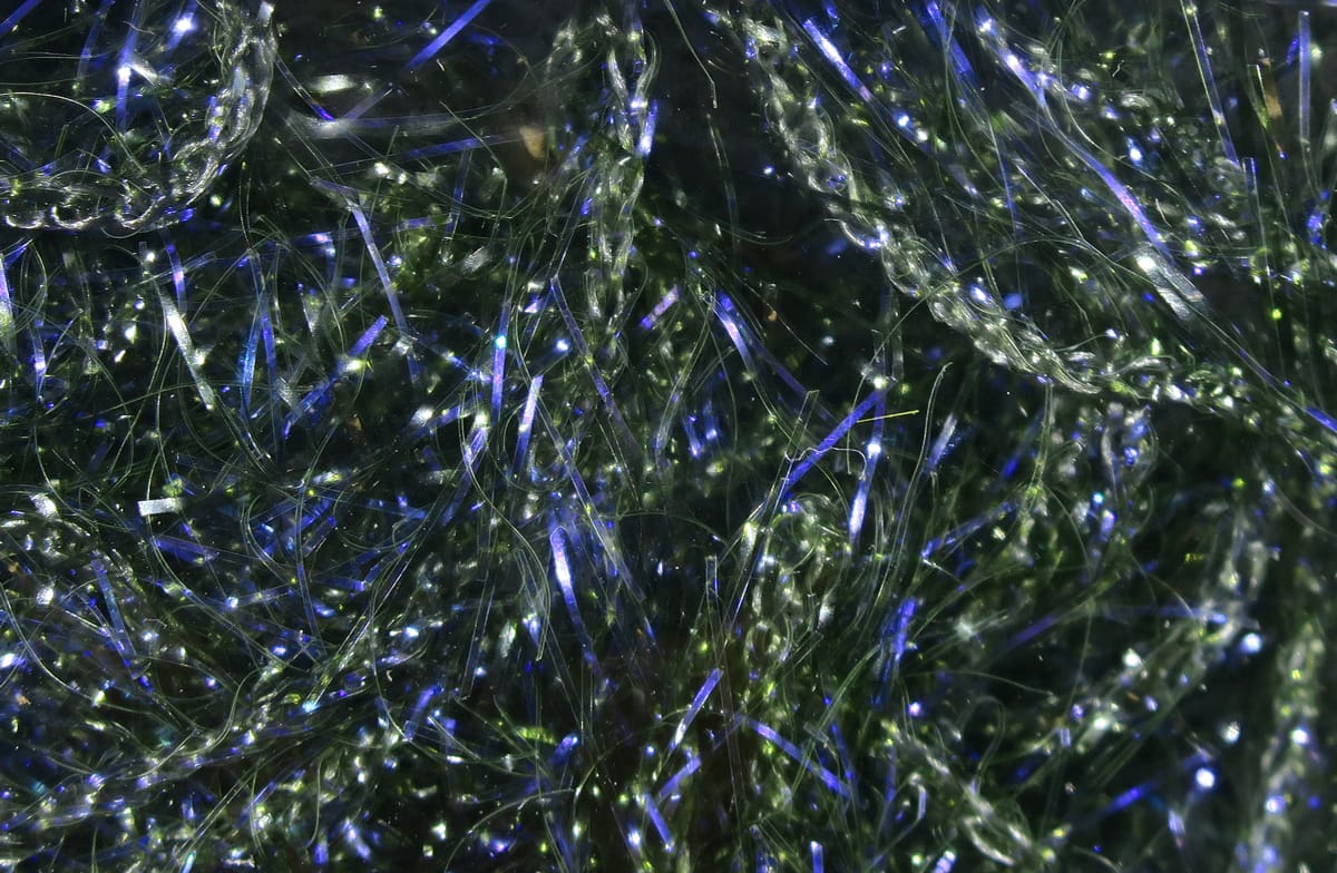 Hareline UV Polar Chenille in dark green with iridescent blue-green fibers and translucent shiny strands for fly tying