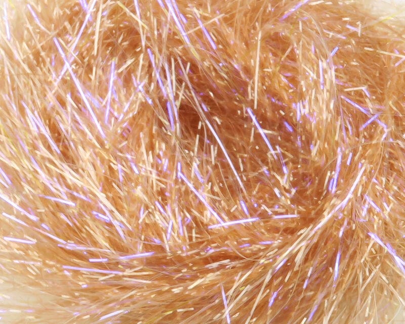 Hareline UV Polar chenille, peach-orange synthetic fibers with iridescent purple tinsel flash, plush fly tying material