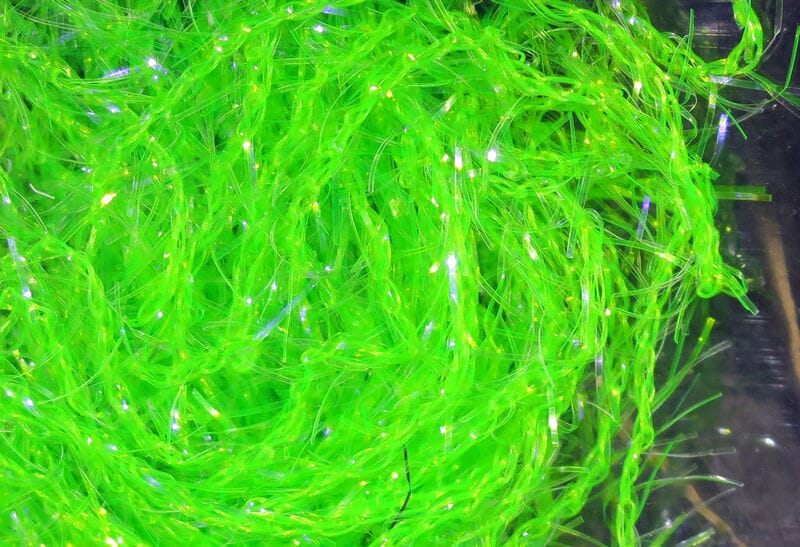 Hareline UV Polar Chenille in fluorescent chartreuse green, twisted sparkly synthetic fibers with tinsel flash for fly tying