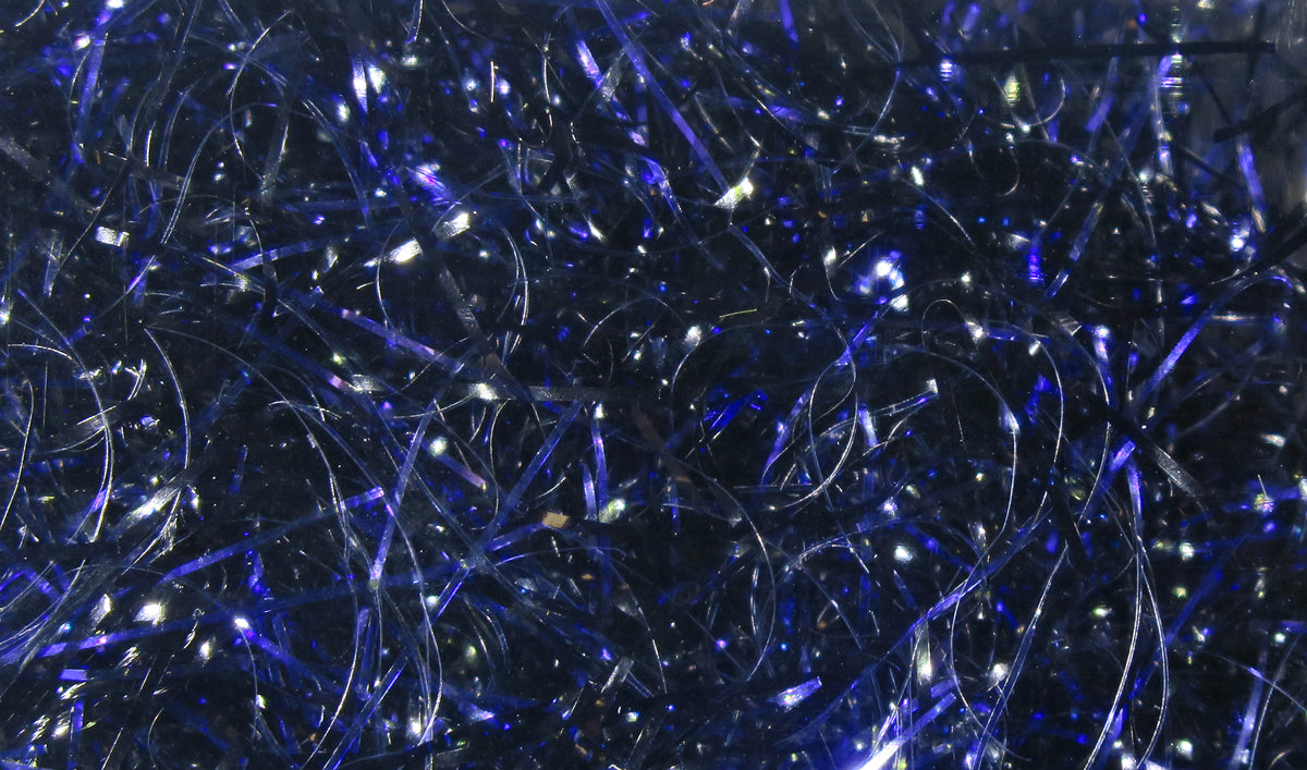 Hareline UV Polar Chenille tangled iridescent navy-blue and silver synthetic fibers with reflective flash for fly tying
