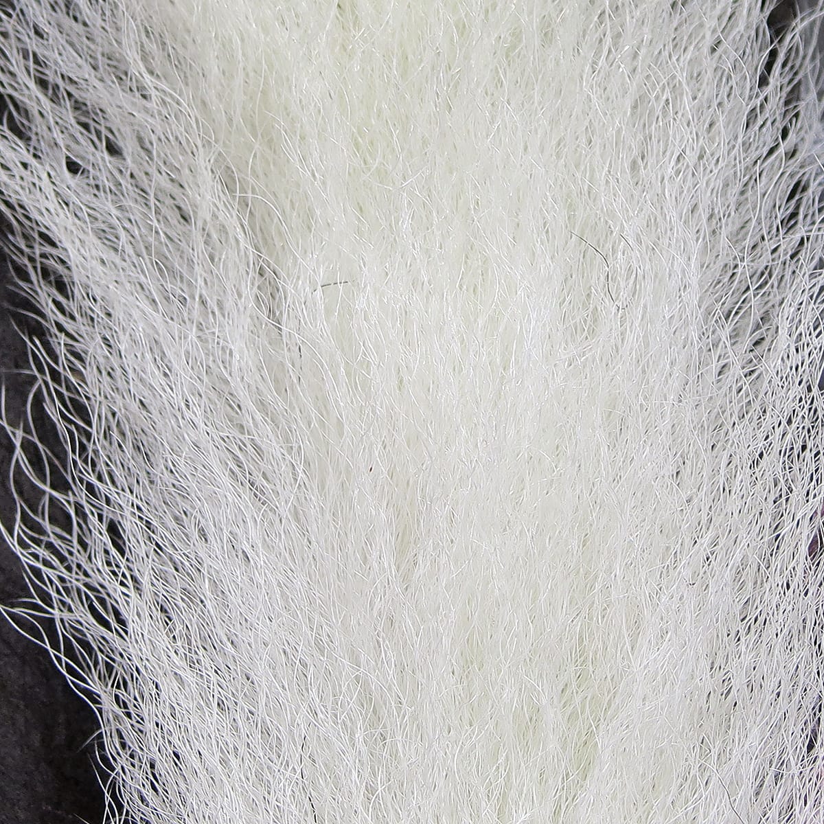 White Hareline UV2 calf tail hair, soft fine fibers with long guard hairs for fly tying