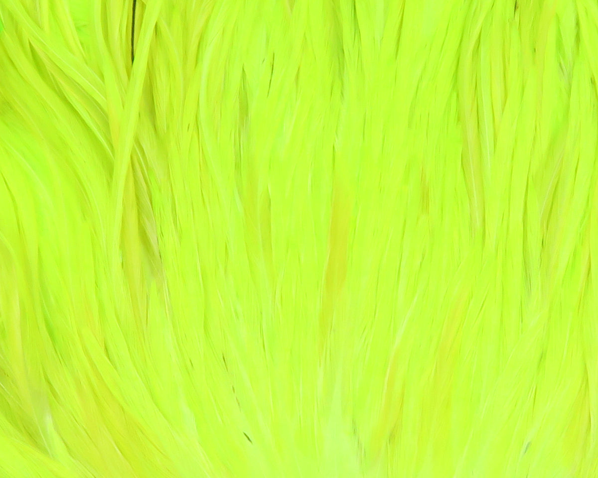 Hareline UV2 flat wing saddle feathers in fluorescent chartreuse, long flat feathers for fly tying
