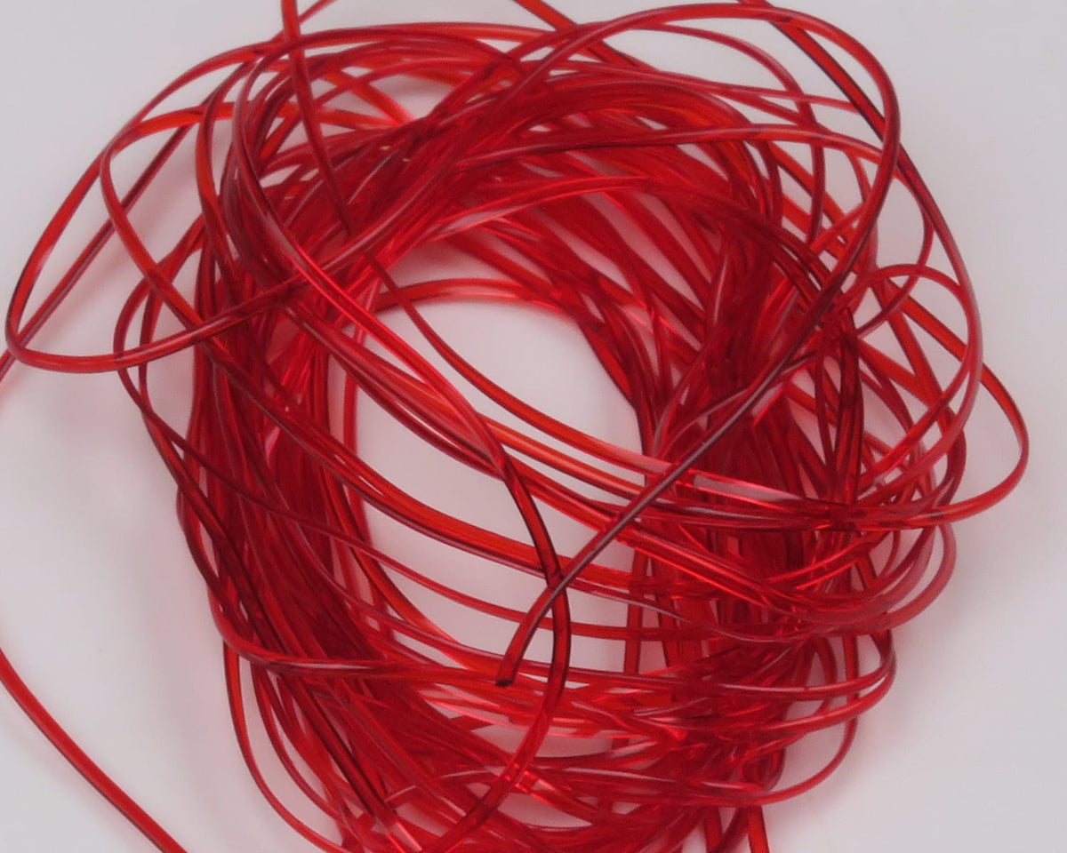 Translucent bright red Hareline vinyl rib coiled strands, shiny flexible tubing for fly tying