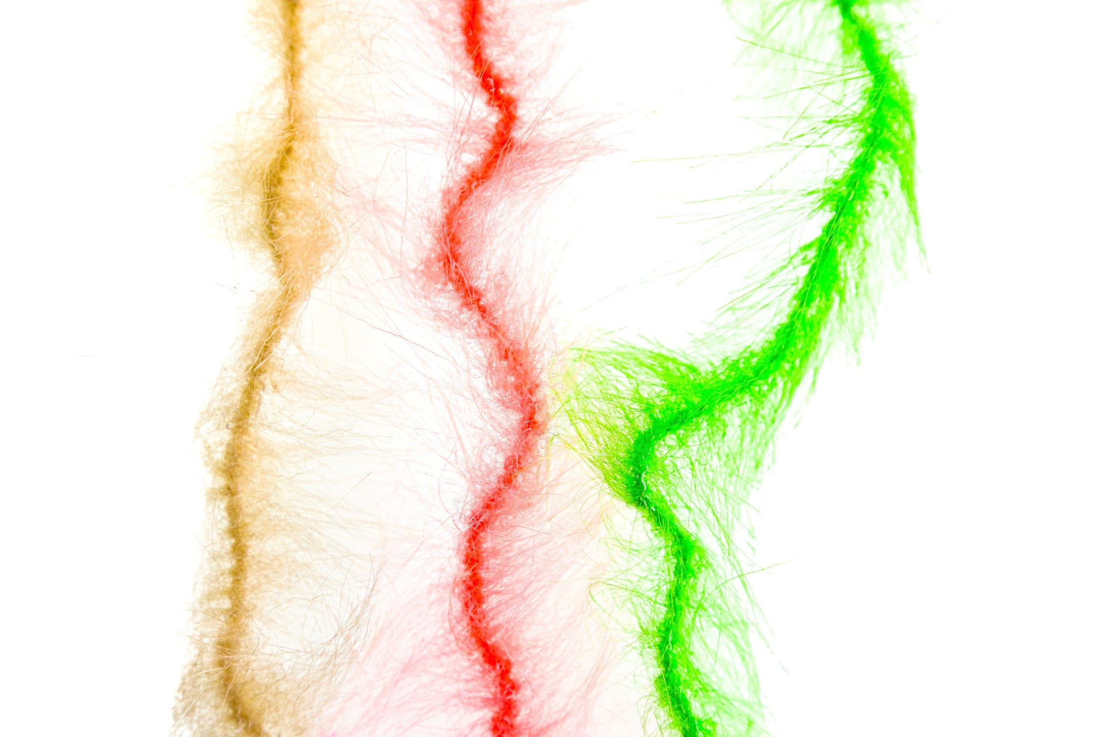Tan, coral and chartreuse wire-free synthetic fox brush strands with fluffy fur-like fibers for fly tying