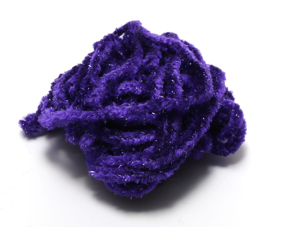 Purple Hareline Wooly Bugger UV rayon chenille with sparkling tinsel core, fluffy furry strands coiled for fly tying