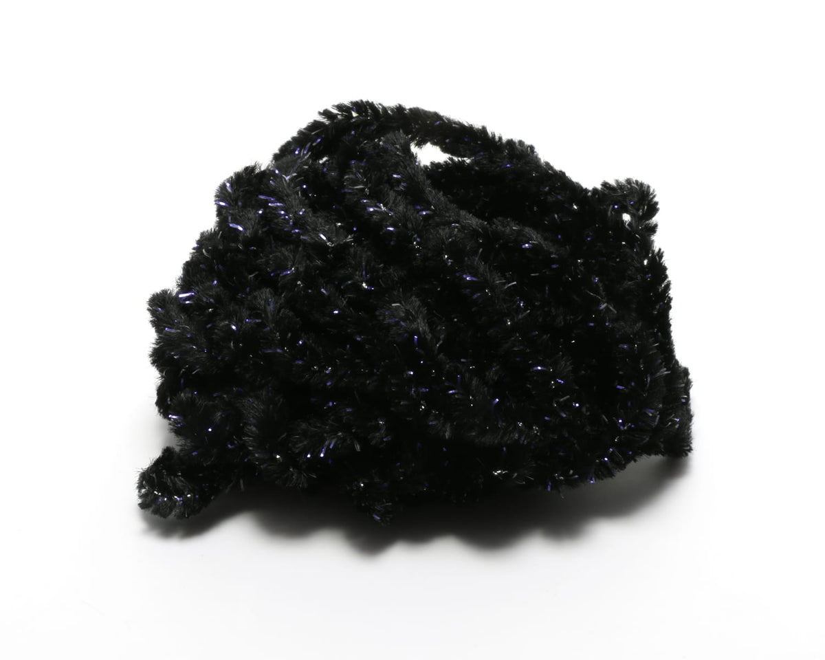 Black Hareline Wooly Bugger rayon chenille with iridescent purple tinsel core, fuzzy plush texture for fly tying