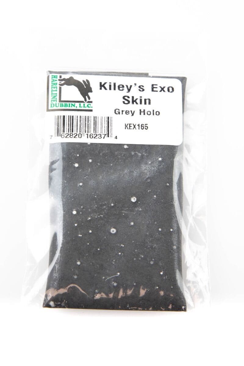 Kiley's Exo Skin Grey Holo by Hareline, dark grey fly-tying skin with scattered silver holo dots in clear pouch