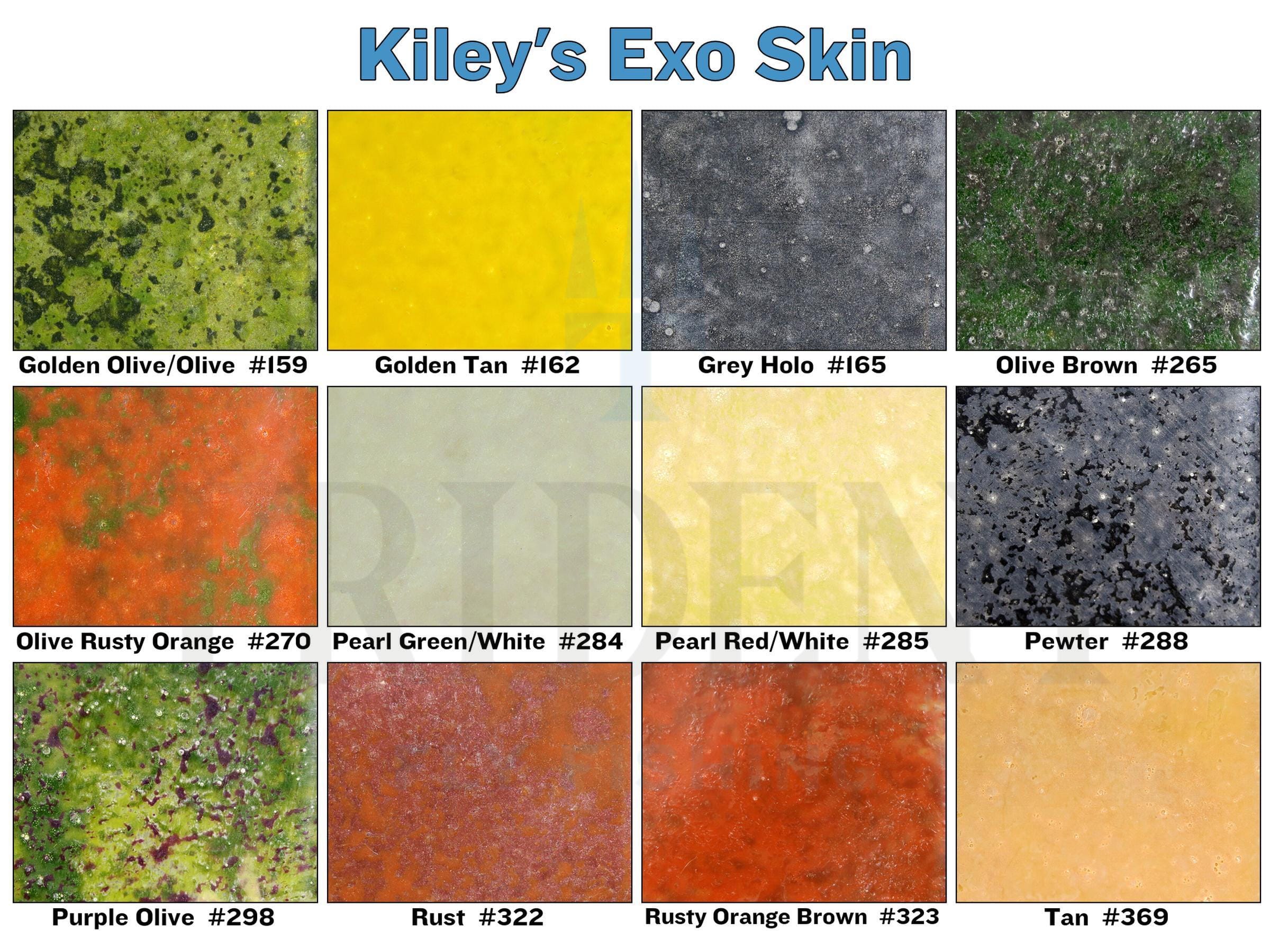 Kiley's Exo Skin swatch sheet showing twelve mottled fly tying material squares in olive, yellow, grey, rust and pearl tones