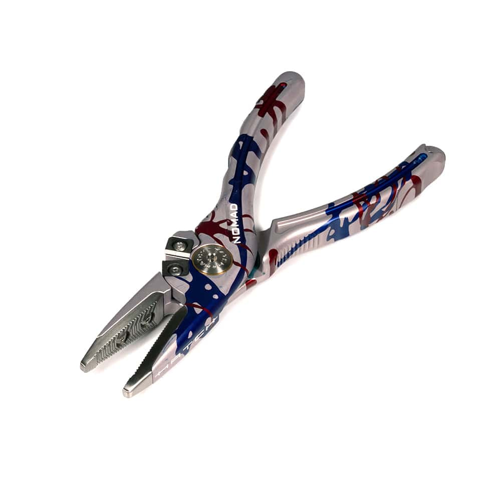 Hatch Nomad 2 plier with silver anodized aluminum body, red and blue USA splatter finish, serrated stainless steel jaws
