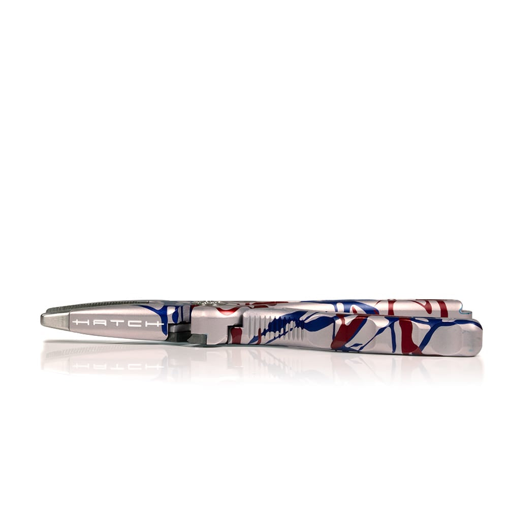 Hatch Nomad 2 folding pliers in silver stainless steel with red and blue USA anniversary splatter finish