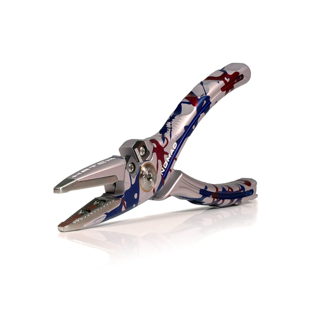 Silver aluminum Hatch Nomad 2 plier with red, white and blue USA camo finish, serrated jaws and ergonomic handles