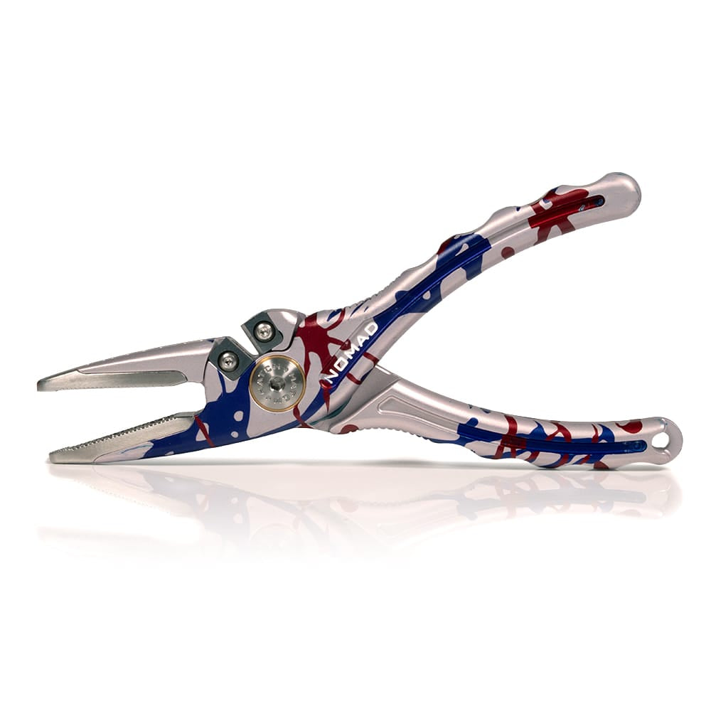Hatch Nomad 2 plier in red, white and blue USA camo finish, stainless steel jaws and ergonomic anodized aluminum handles