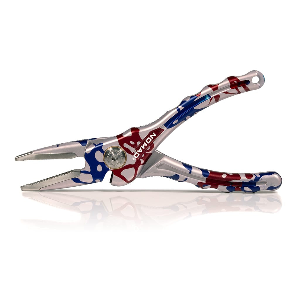 Hatch Nomad 2 stainless steel plier with red, white and blue USA 250th camo finish and textured ergonomic handles