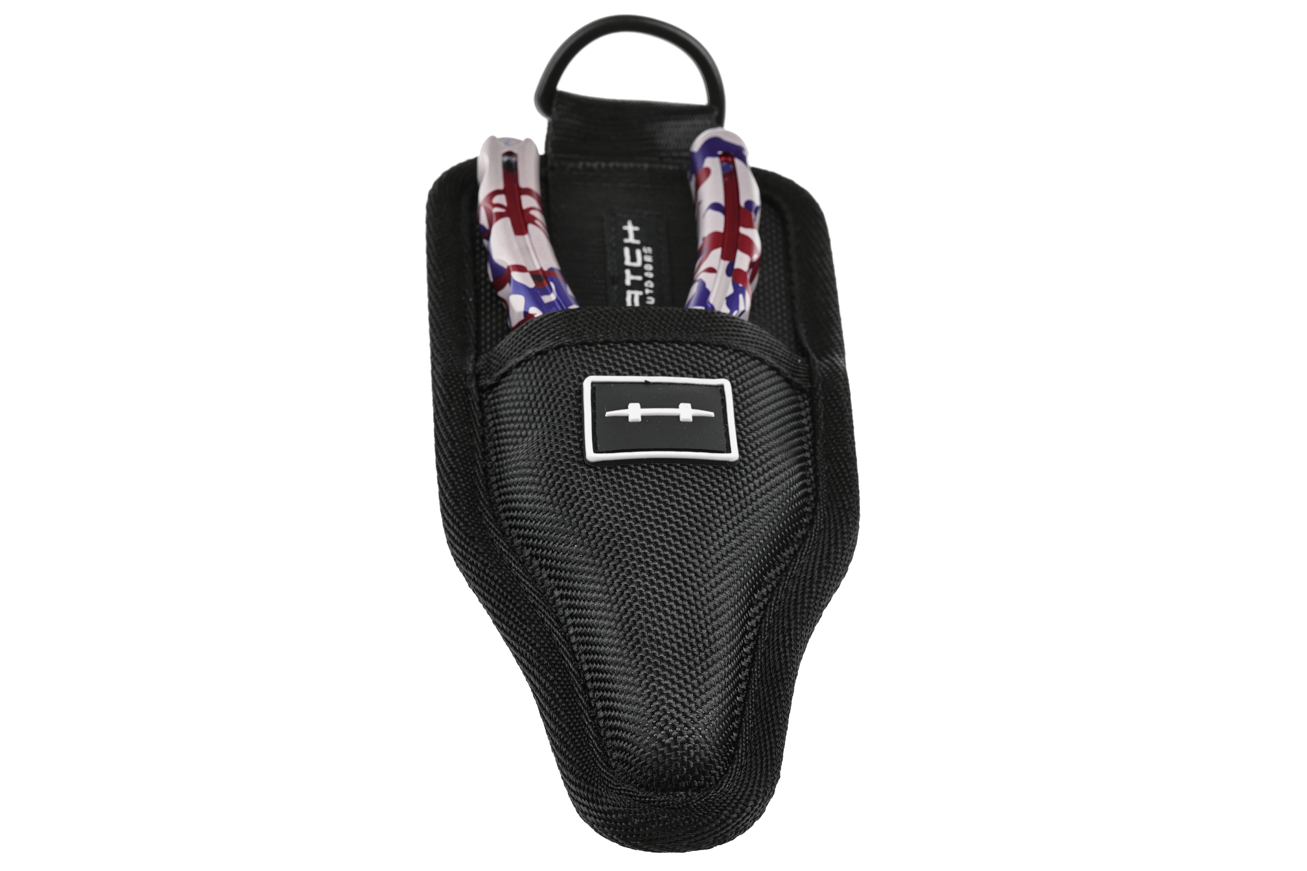 Black nylon sheath holding Hatch Nomad 2 pliers with red white blue USA 250th anniversary patterned handles