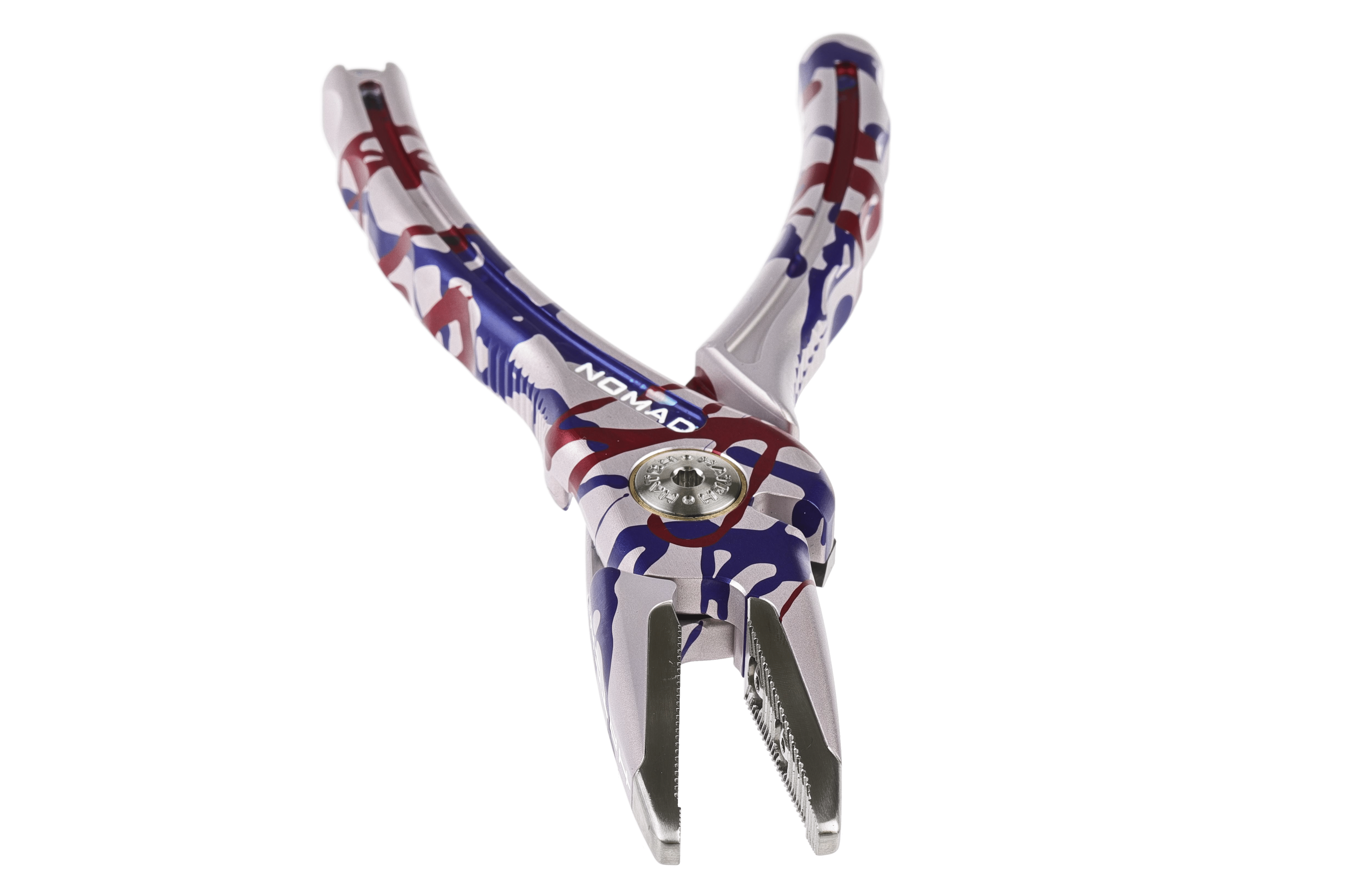Hatch Nomad 2 plier with red white and blue camouflage anodized handles, stainless steel jaws and engraved pivot accent