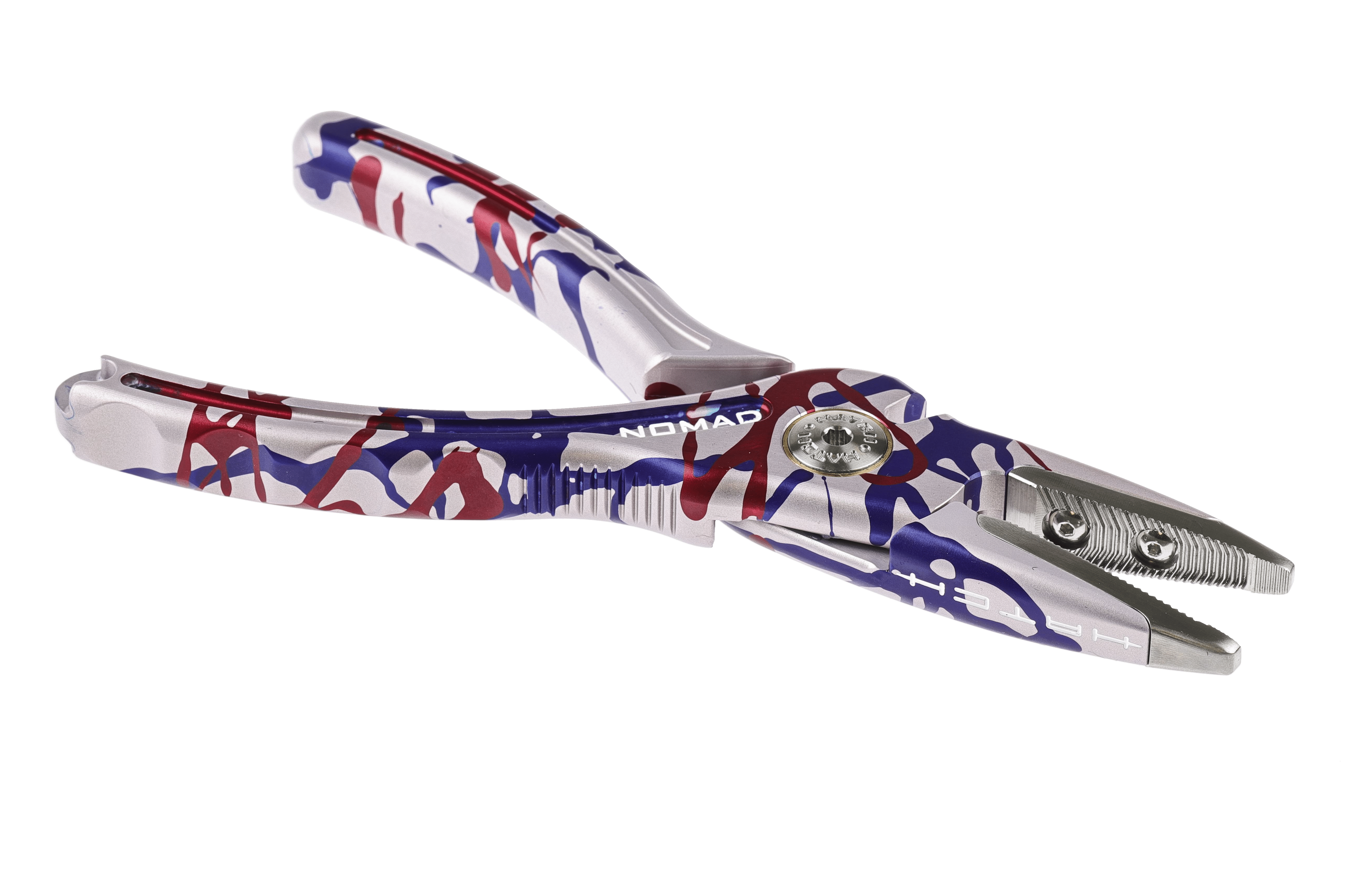 Hatch Nomad 2 aluminum plier with red and blue USA 250th splatter-camo finish and serrated stainless-steel jaws