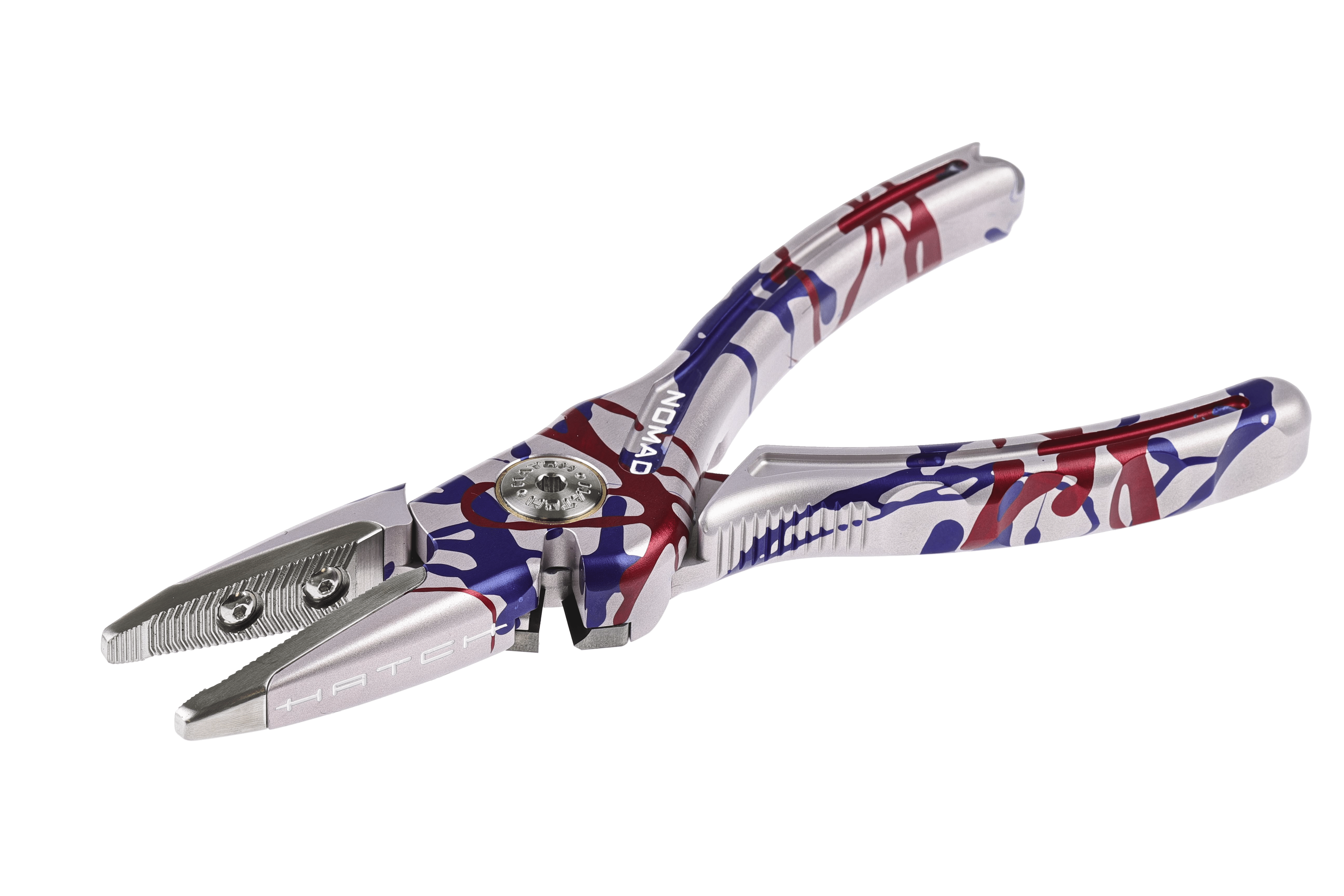 Silver stainless-steel Nomad 2 pliers with red and blue USA 250th anniversary splatter finish, textured jaws and pocket clip
