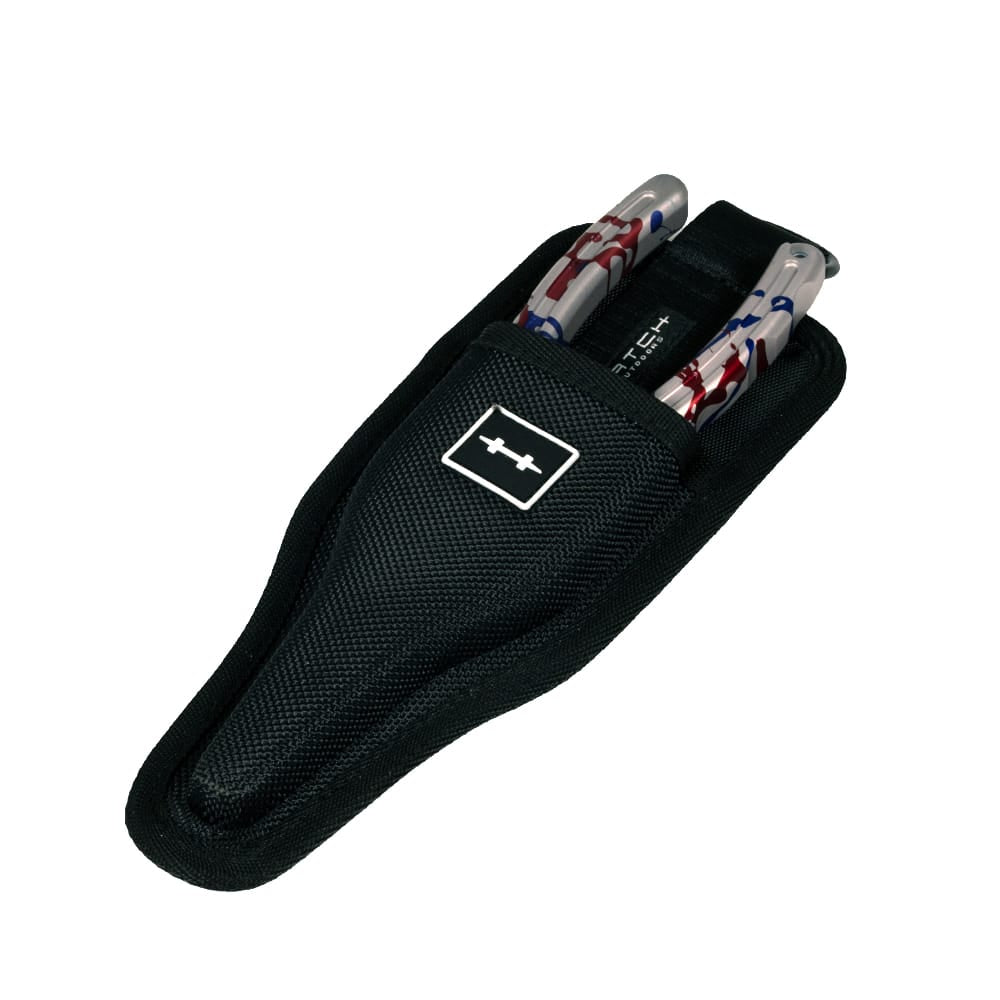 Silver Tempest 2 pliers with red and blue USA flag accents in black textured nylon Hatch sheath