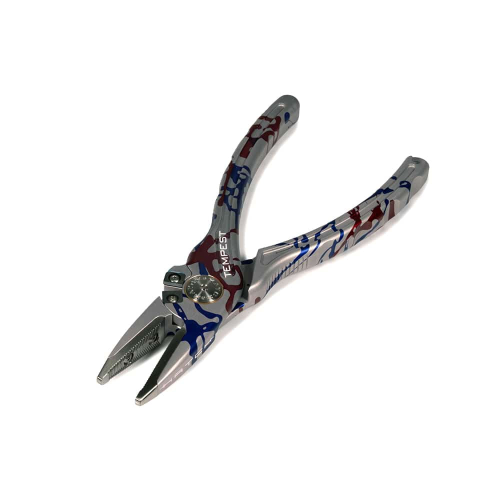 Hatch Tempest 2 pliers, silver stainless steel with red and blue USA 250th camo finish, serrated nose and cutters