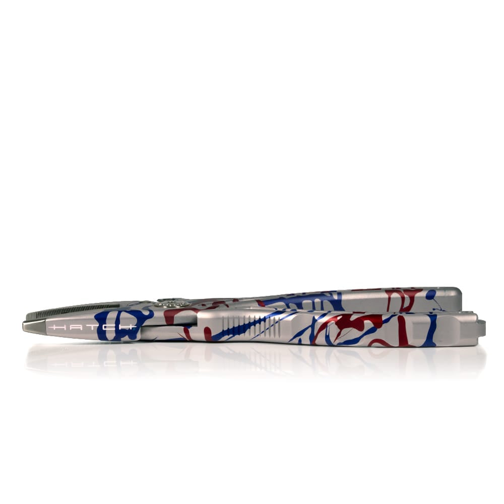 Hatch Tempest 2 plier, closed side profile of silver anodized aluminum handles with red and blue USA 250th splatter design