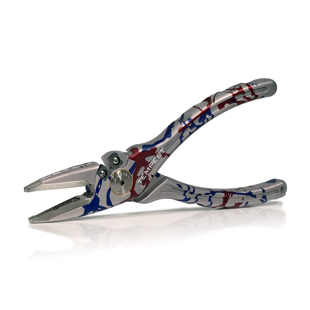 Hatch Tempest 2 pliers silver anodized metal with red and blue USA camo finish, slim ergonomic accessory pliers