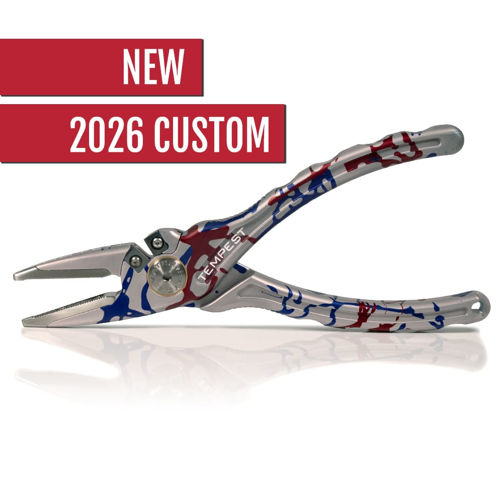 Hatch Tempest 2 silver aluminum needle-nose pliers with red and blue USA camo finish, serrated jaws
